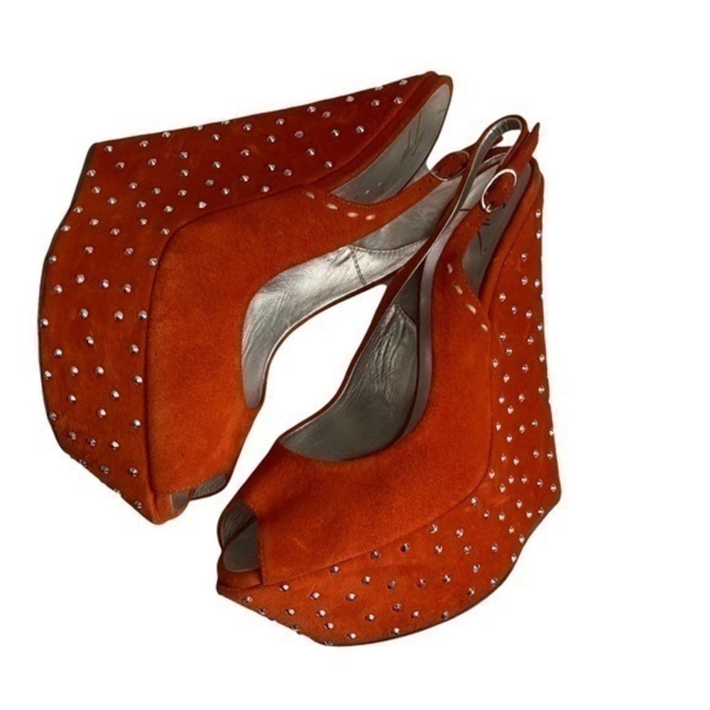 Giuseppe Zanotti red studded platform heel peep toe shoes crystal wedges